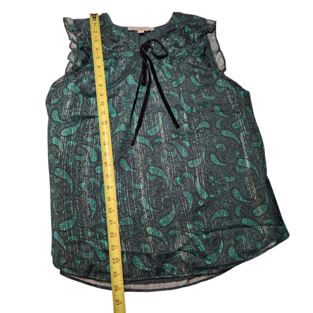 Loft Sheer Green Black Shimmer Velvet Tie Neck Ruffle Sleeveless‎ Blouse Top L - Picture 13 of 15